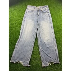 Rewash Womens 7/28 Blue High Rise Wide Leg Denim Jeans Distressed Raw Hem Casual